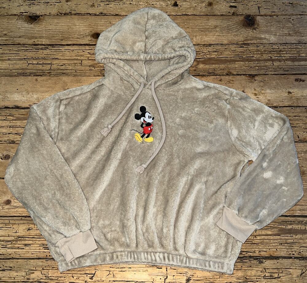 Disney Women’s Size L Tan Fuzzy Mickey Mouse Hoodie Sweatshirt